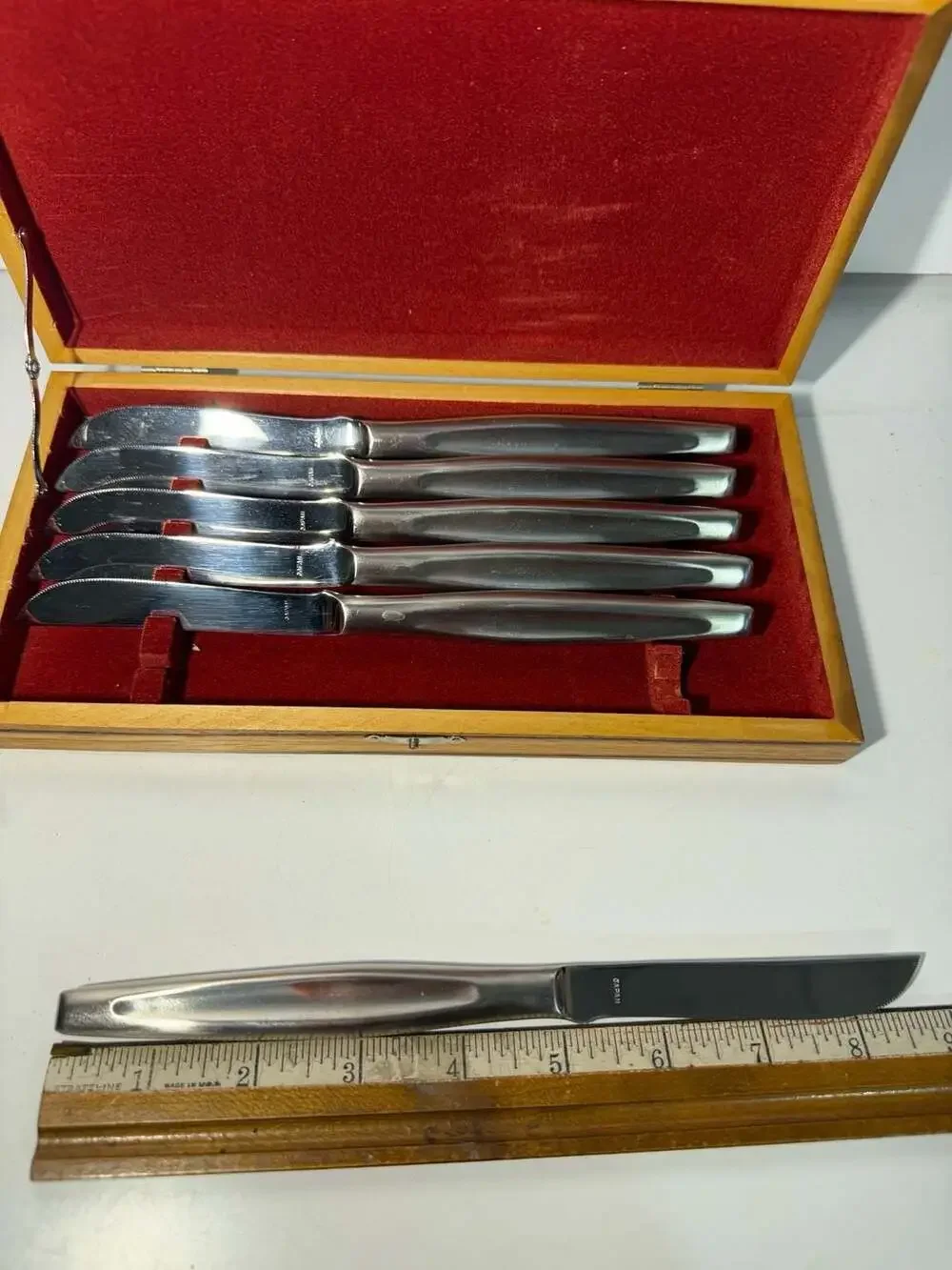 Vintage Stainless Steel Steak Knife Set of 6 in Wood Presentation Case, Japan